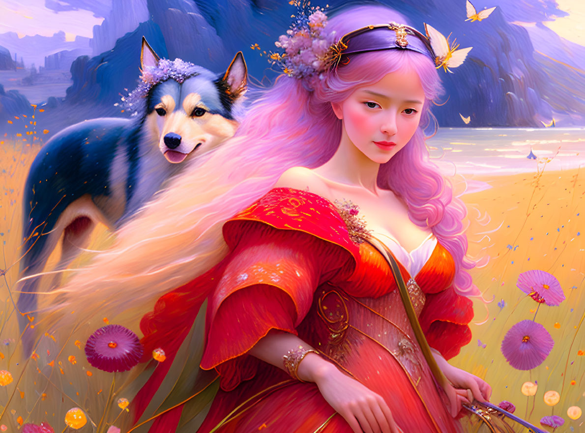 Pink-haired woman in red dress with dog in flower field at golden hour with butterflies