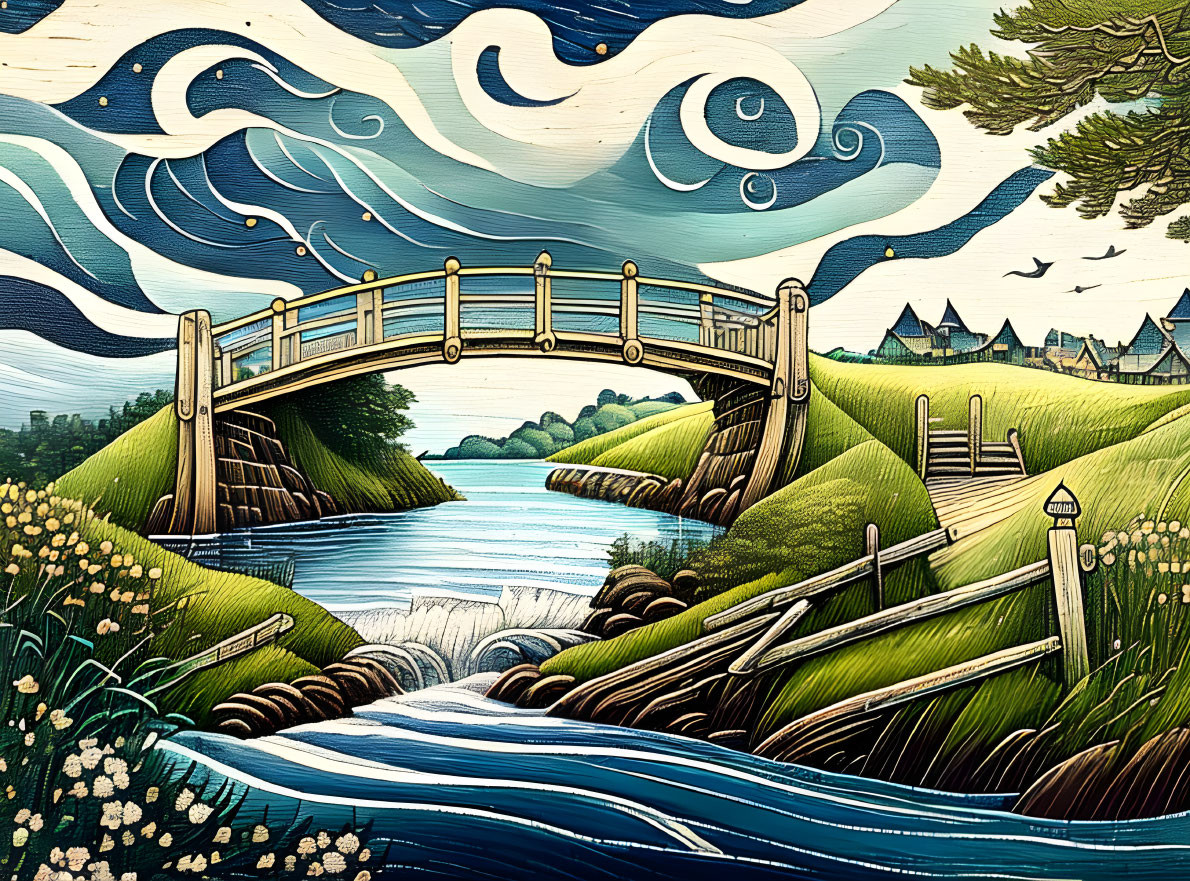 Scenic illustration of wooden bridge over stream surrounded by lush greenery