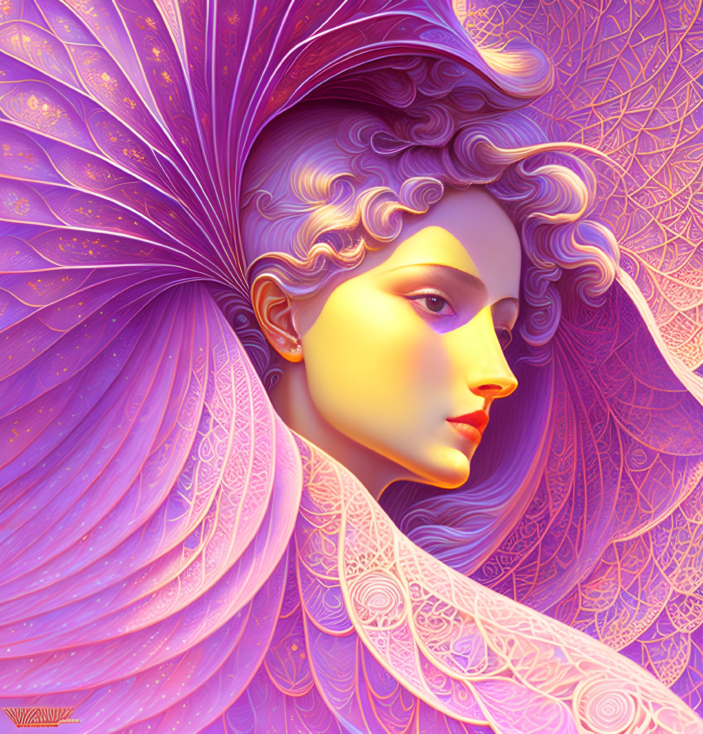 Colorful artwork of woman with golden skin, purple hair, and floral patterns