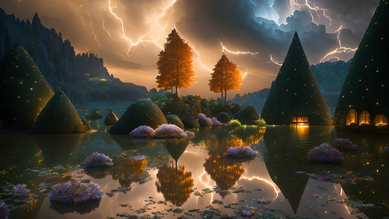 Fantasy landscape at dusk with reflective lake, glowing flowers, cottages, and lightning sky.