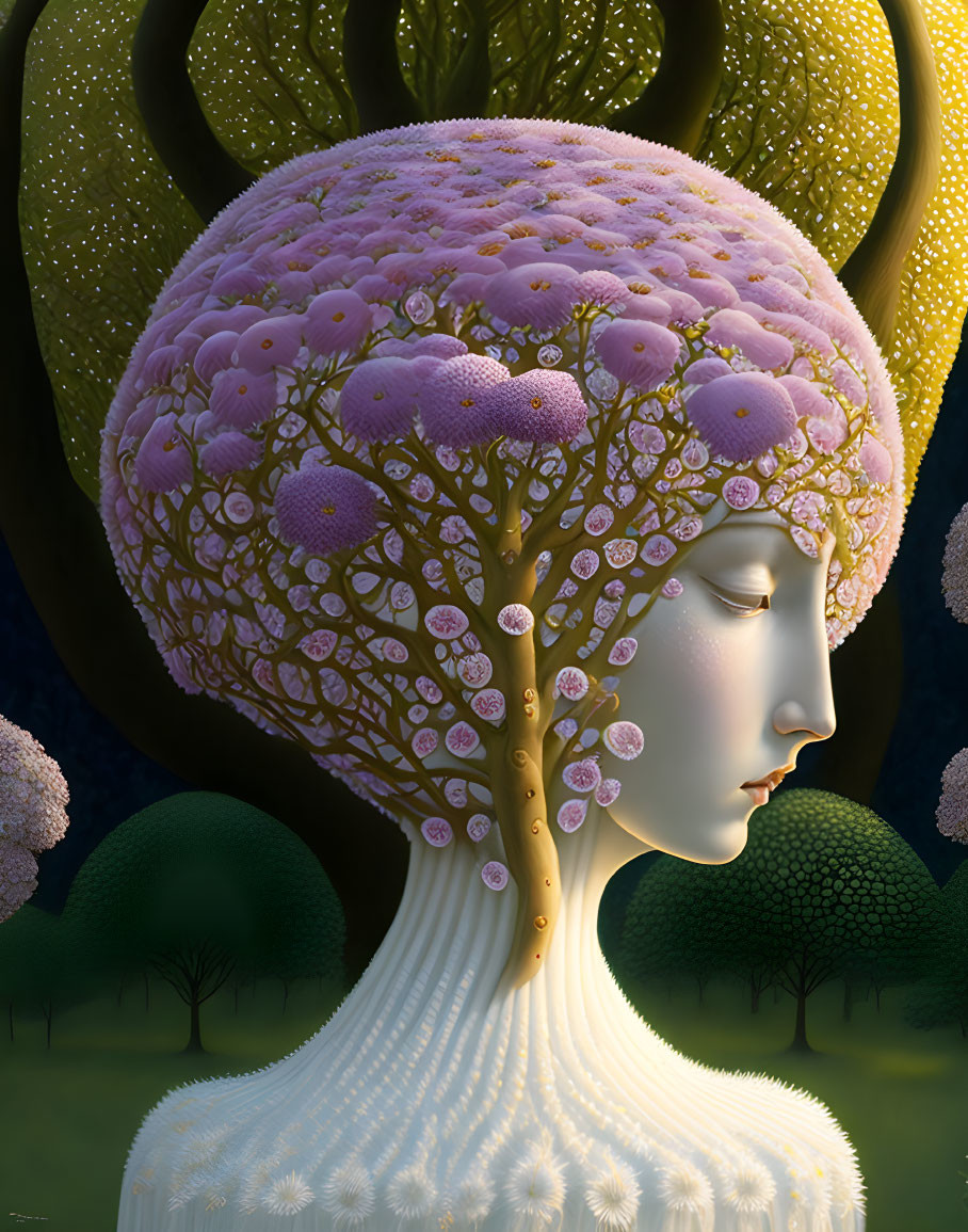 Surreal female figure with tree hair and purple flowers in evening landscape