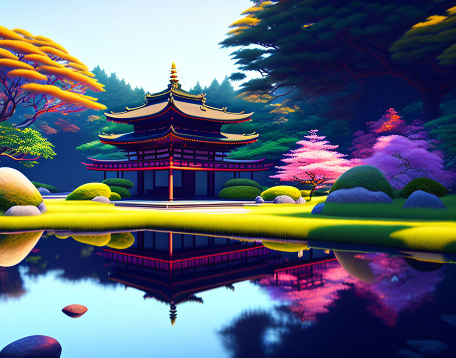 Colorful Japanese Pagoda Surrounded by Trees and Pond Reflections