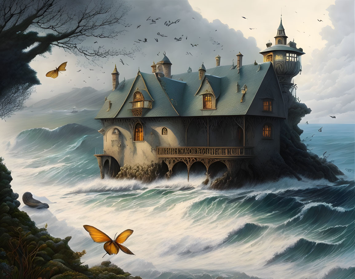 Fantasy seaside mansion on rocky cliff with crashing waves, flying birds, and butterflies under moody sky