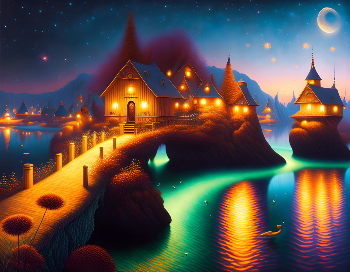 Fantasy night landscape with illuminated houses, bridge, mountains, starry sky, and crescent moon