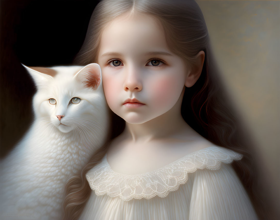 Young girl and white cat with captivating eyes in serene gaze