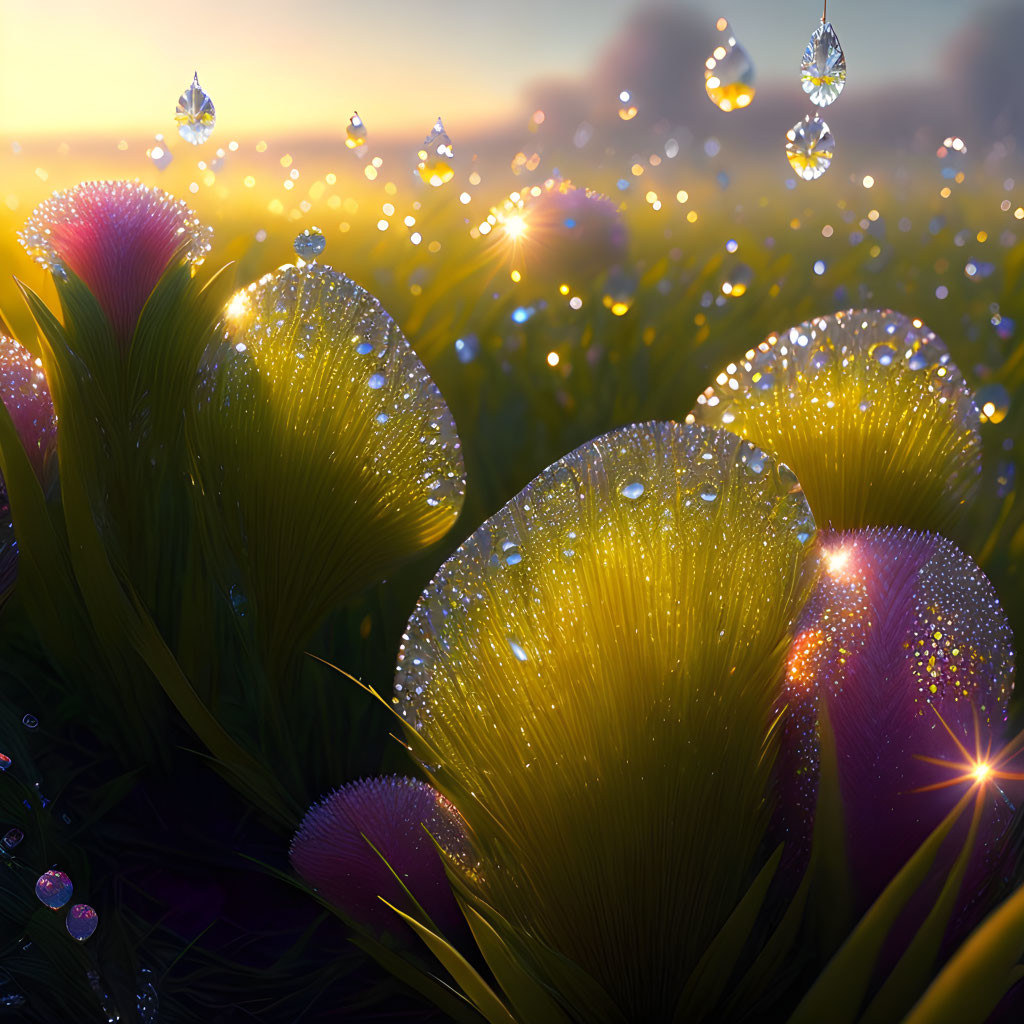 Morning Dew on Luminous Grass with Sunrise