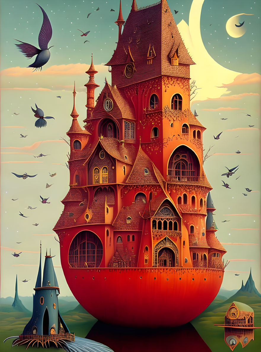 Fantastical castle on giant red gourd under twilight sky