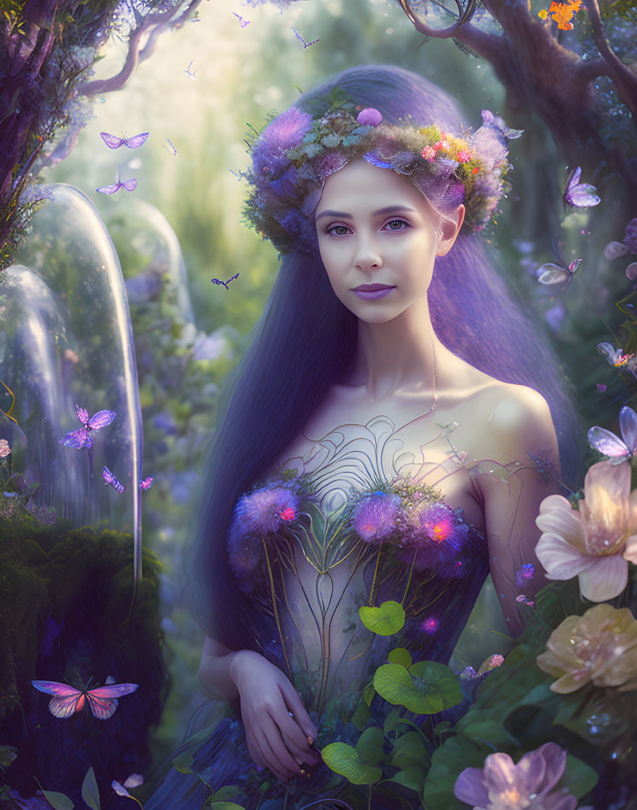 Mystical woman with floral crown in enchanting forest surrounded by butterflies and flowers