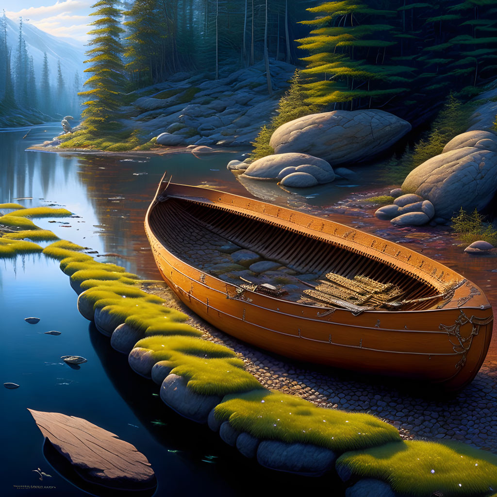 Tranquil Lakeside Twilight Scene with Orange Rowboat