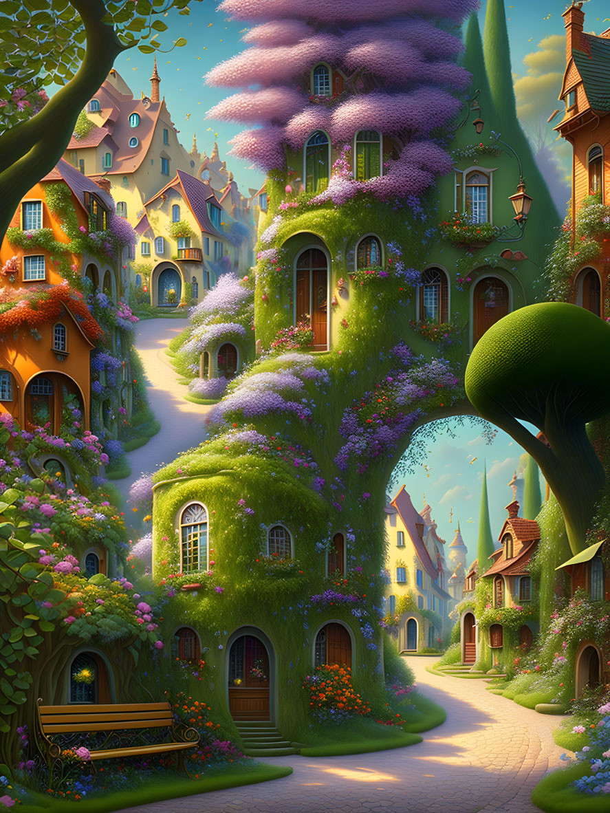 Whimsical village with storybook houses and lush greenery