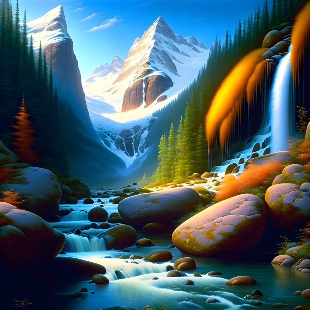 Majestic mountain landscape with waterfall, pine trees, and sunlight