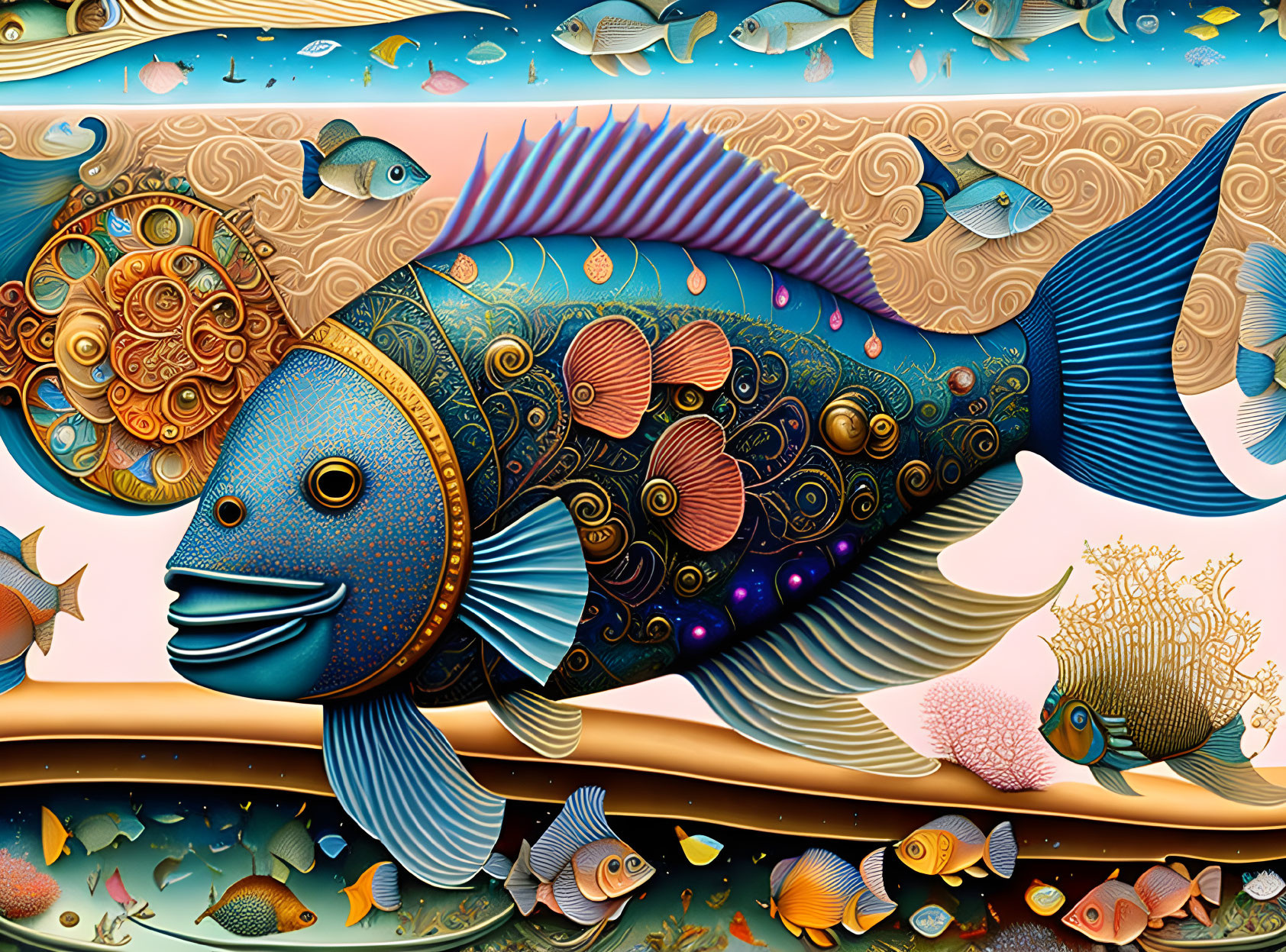 Colorful digital artwork: stylized fish swimming in patterned sea