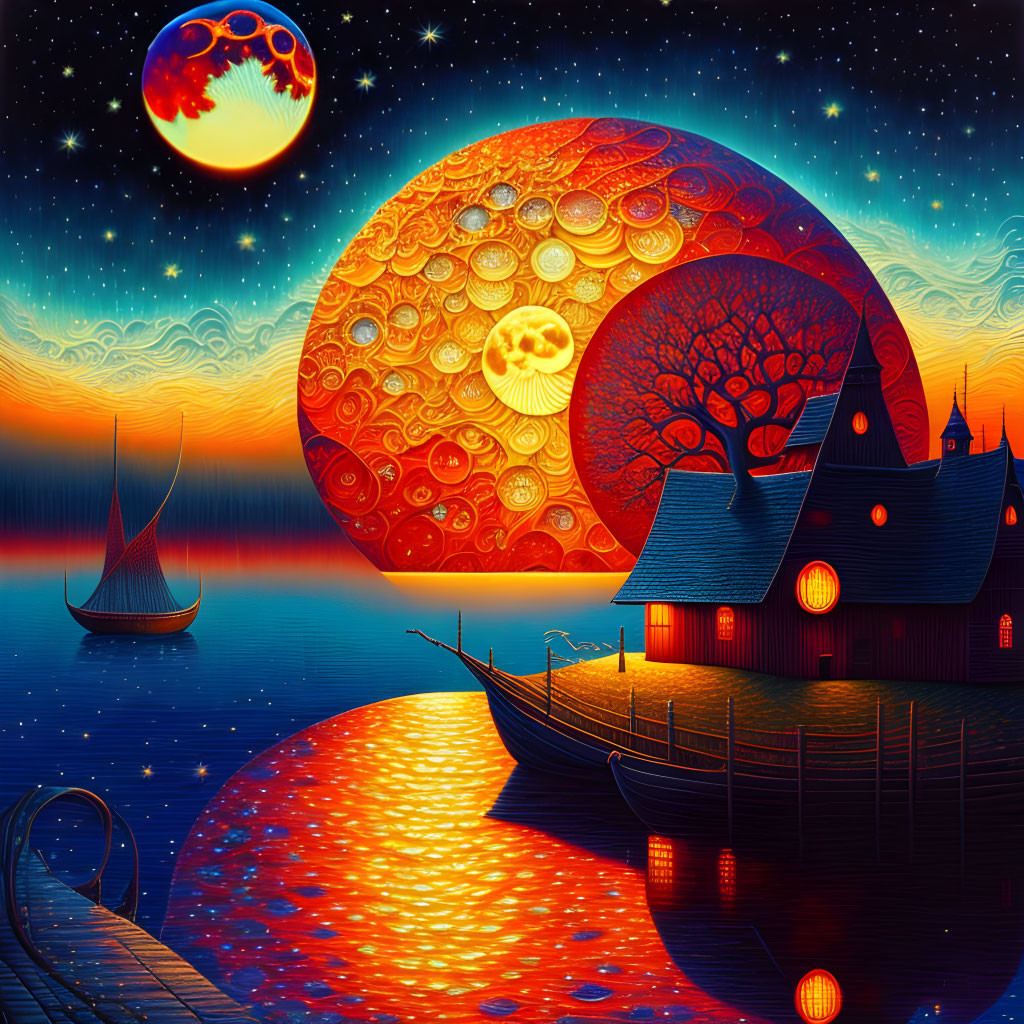 Surreal artwork of house by sea under red moon