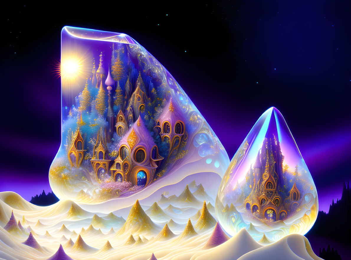 Fantastical landscape: Shimmering palaces in icebergs under a starlit sky