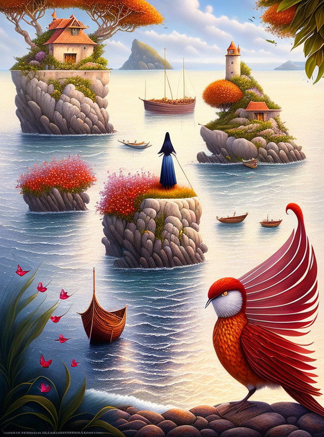 Colorful coral islands, boats, bird, and figure in blue cloak in seaside scene.