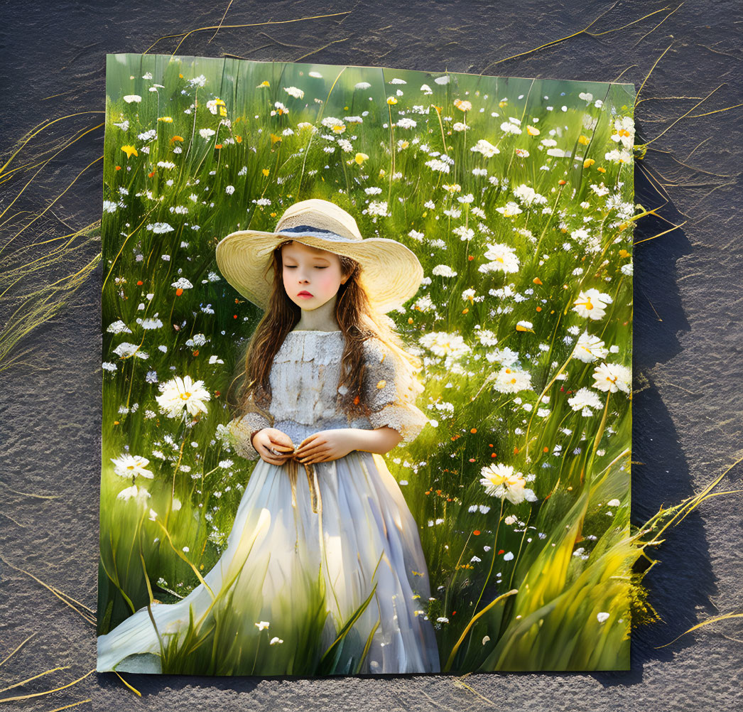 Young girl in white dress and straw hat in lush meadow blending with pavement