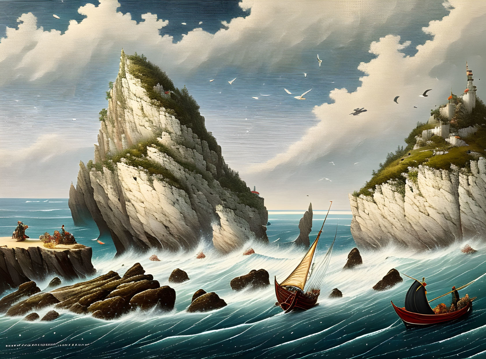 Scenic digital painting of rocky island with lighthouse, boats, and birds