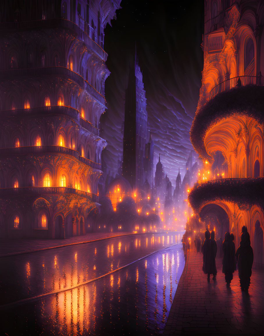 Fantastical cityscape at night with warm lights, grand architecture, wet cobblestone, and