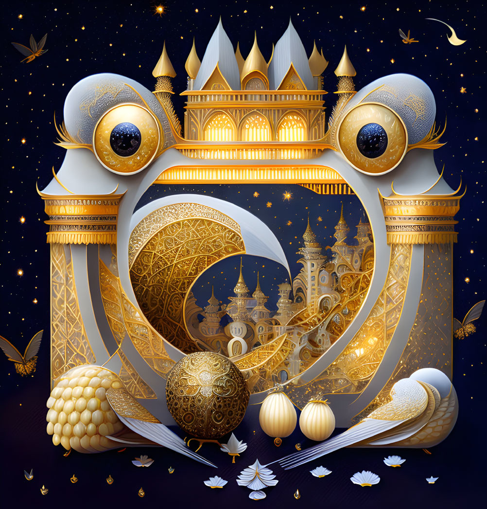 Golden fantasy castle with orbs, spirals, and leaves on starry night.