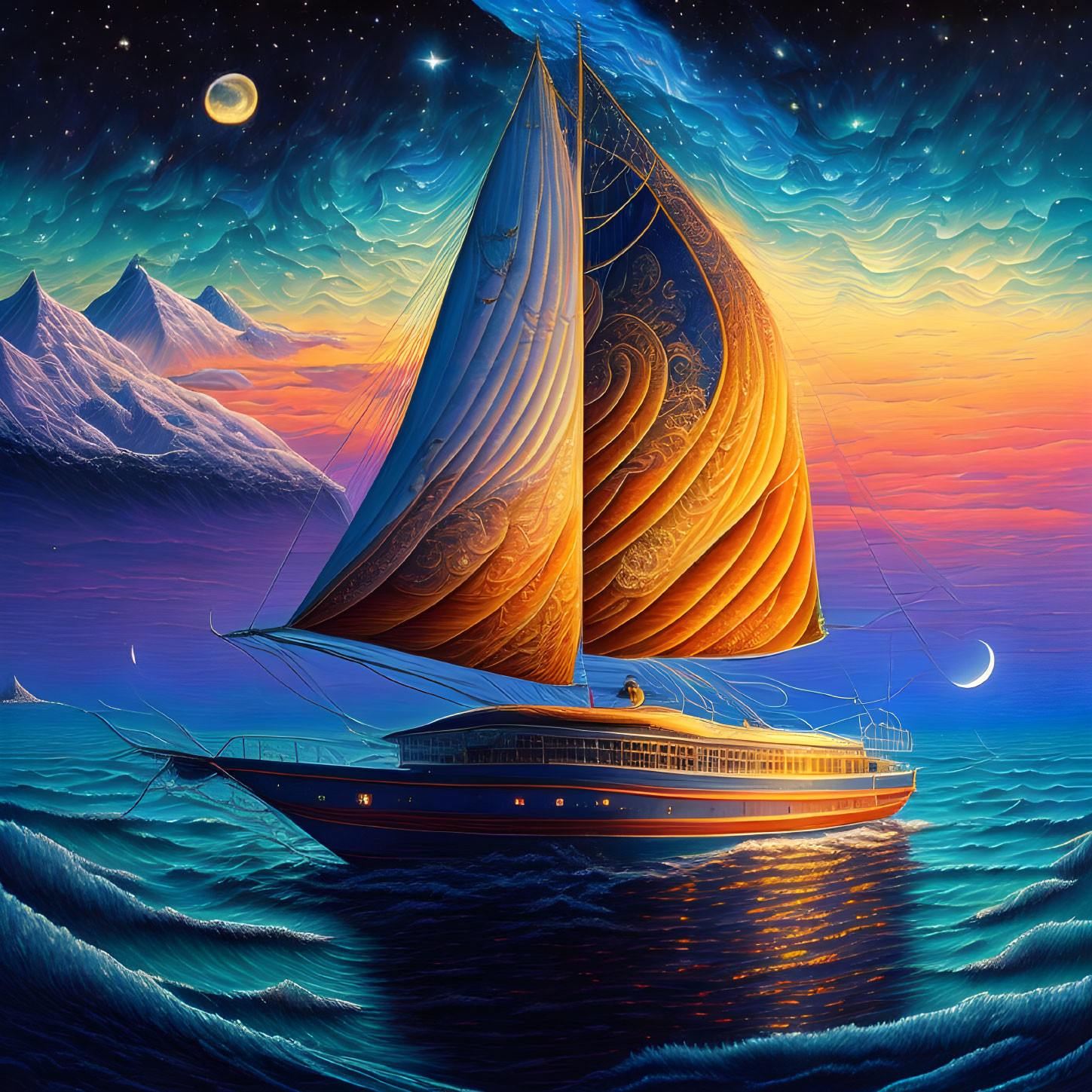 Surreal illustration of ship at sea with vibrant sunset, exaggerated waves, mountains, and multiple moons