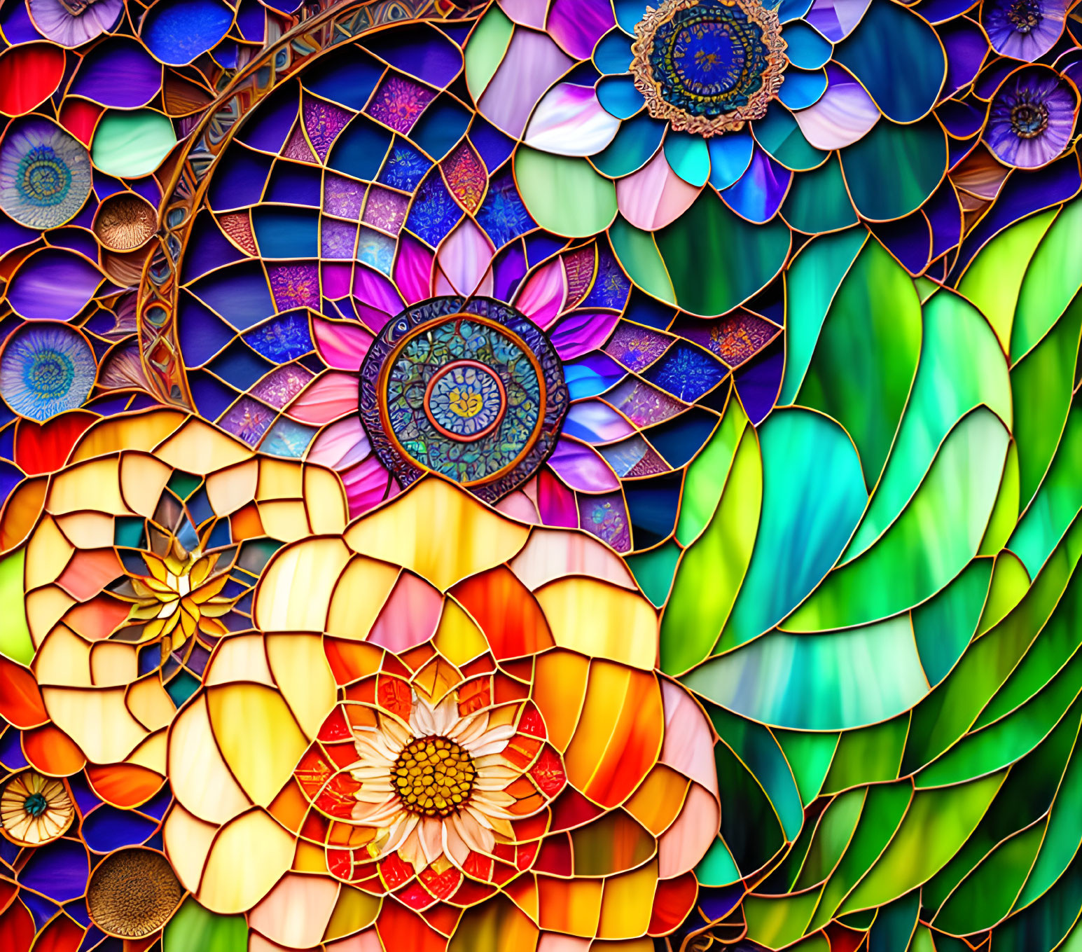 Colorful stained glass image with floral patterns and circular motif