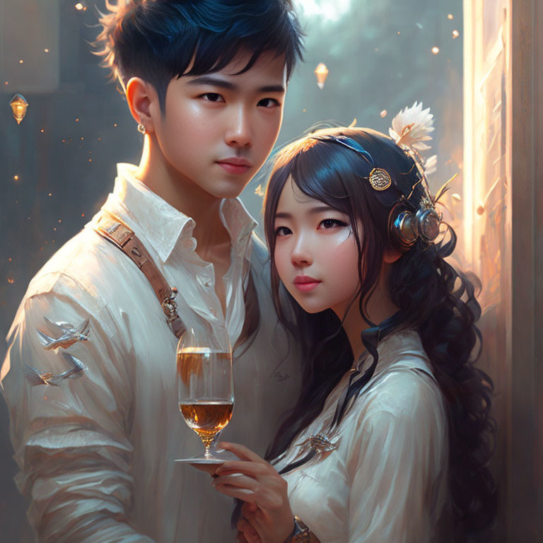 Young couple in fantasy setting with man holding wine glass surrounded by enchanted lights and petals