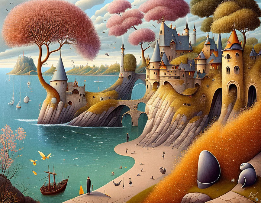 Colorful painting of a seaside castle with stylized trees, boats, and figures under a serene sky