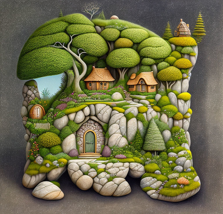 Illustration: Houses integrated with overgrown skull in lush greenery