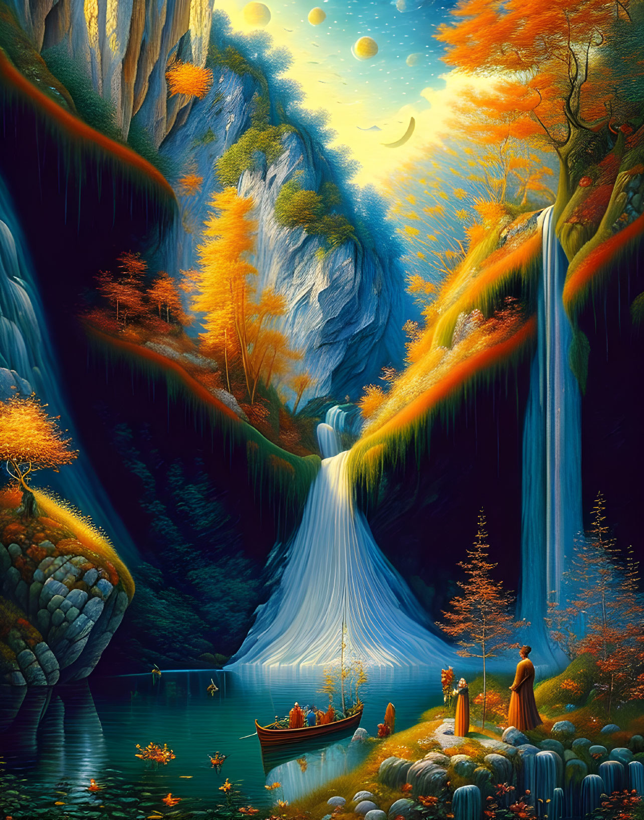 Fantasy landscape with waterfalls, autumn trees, boat, cloaked figure, crescent moon