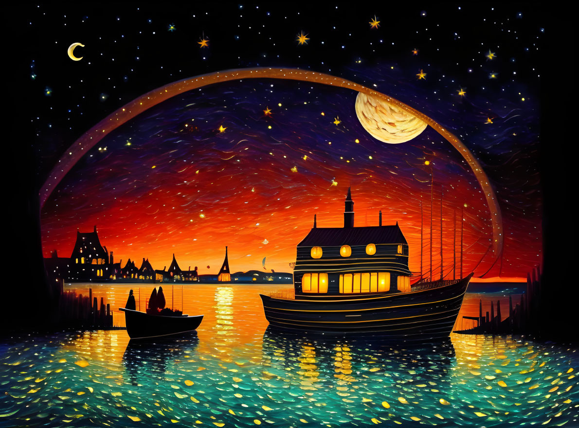 Artwork: Starry Night Sky, Crescent Moon, Planet, Sunset Horizon, Calm Sea,