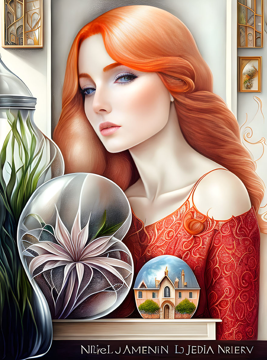 Digital Art Portrait: Woman with Red Hair Holding Glass Orb