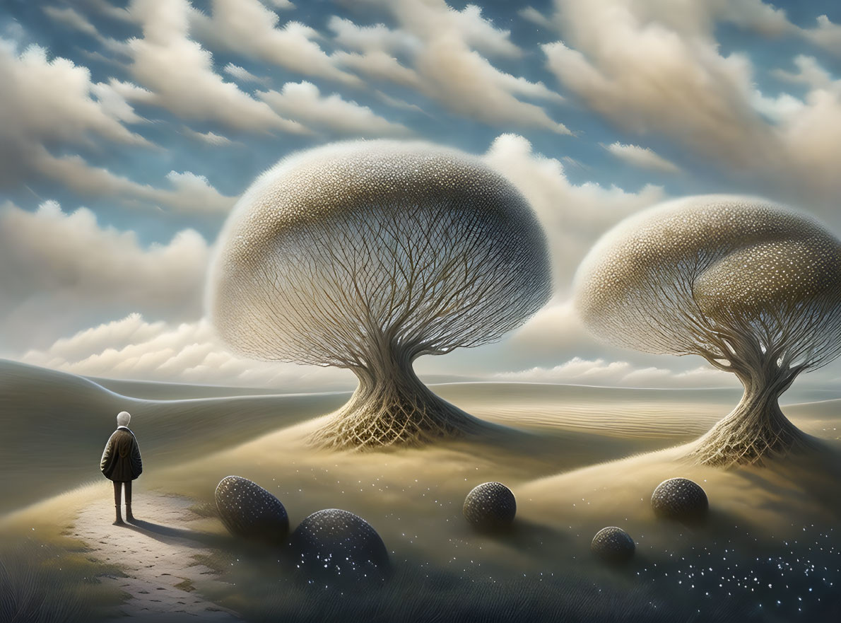 Surreal landscape with oversized mushroom-shaped trees