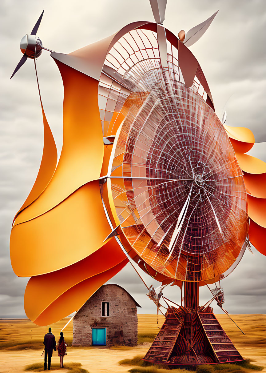 Surreal image of oversized orange peel-like structures around wind turbine