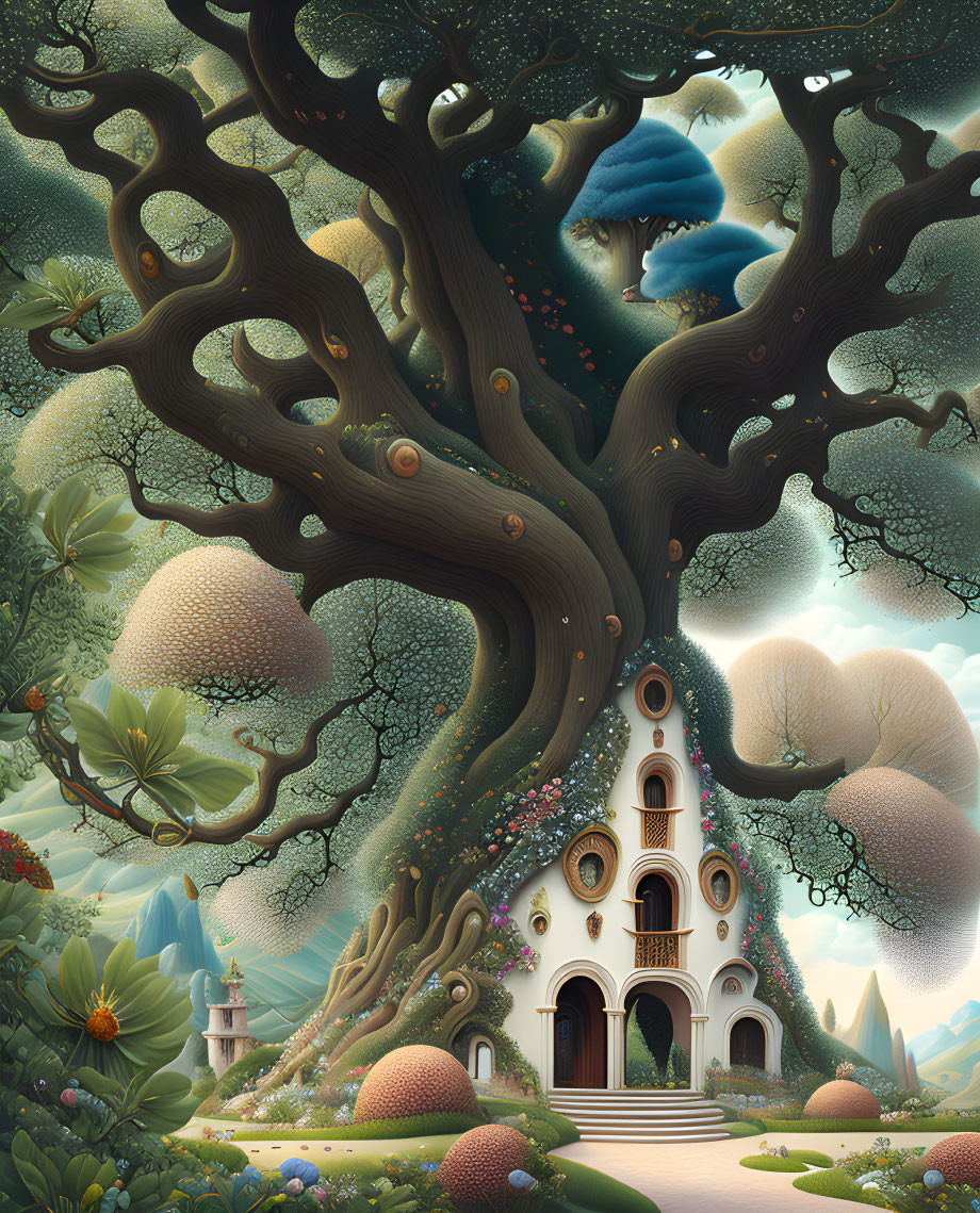 Whimsical illustration of large tree and charming house in lush landscape