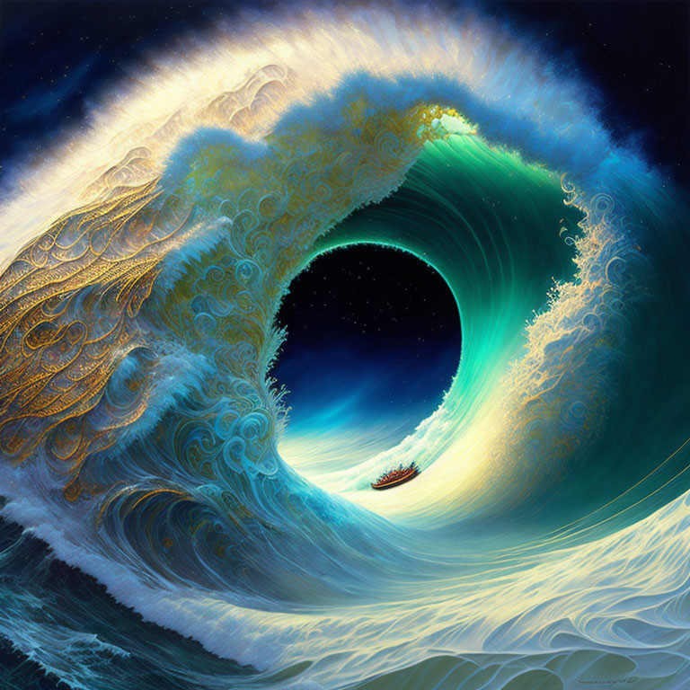 Stylized image of enormous wave tunnel with small boat in starry night sky