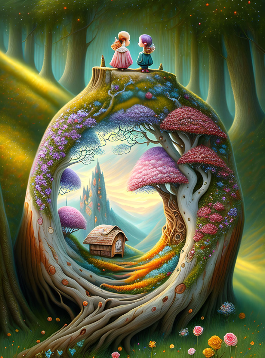 Colorful fantasy illustration with figures on tree and mushrooms