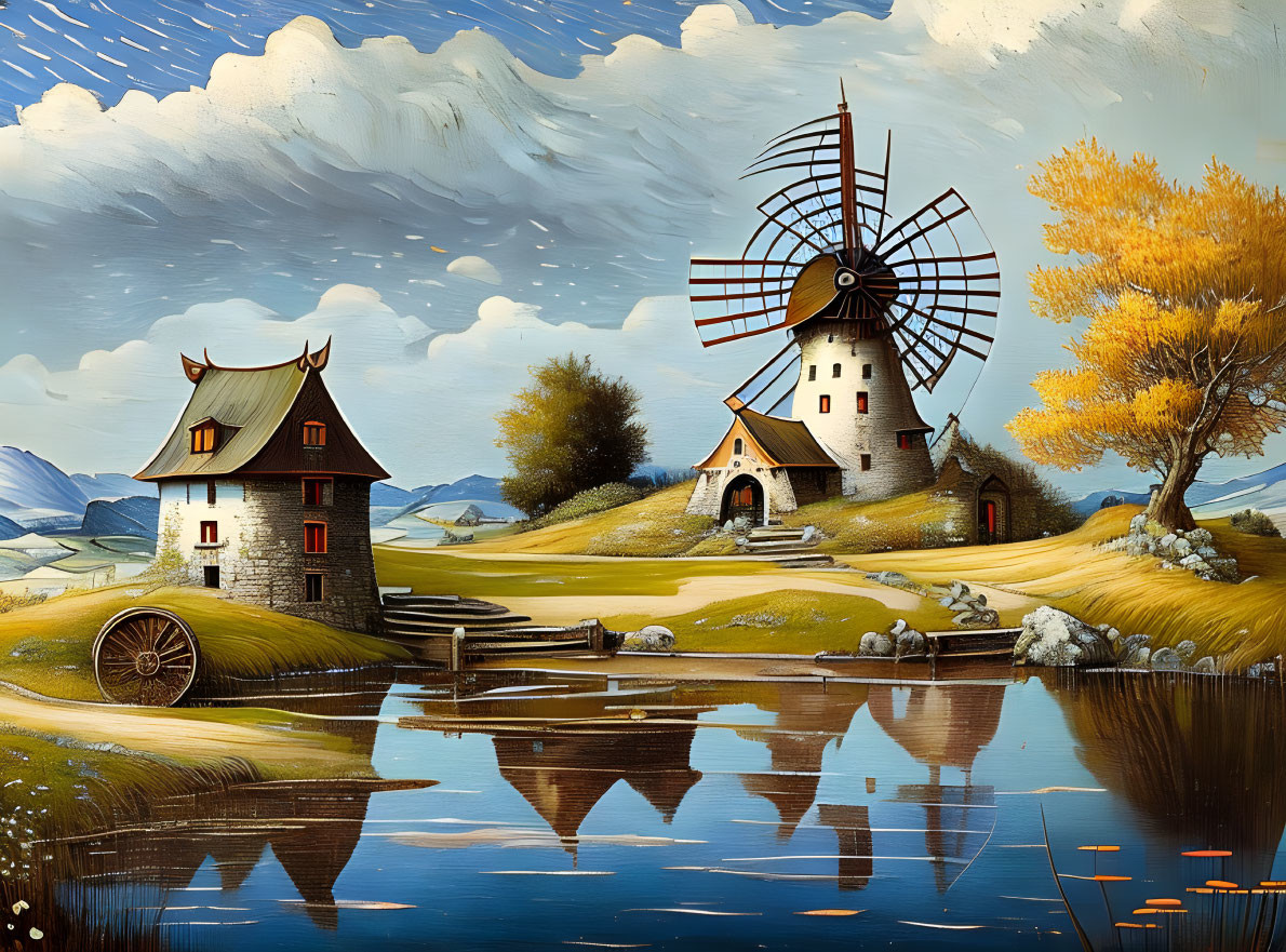 Tranquil lake scene with windmill, house, and autumn foliage