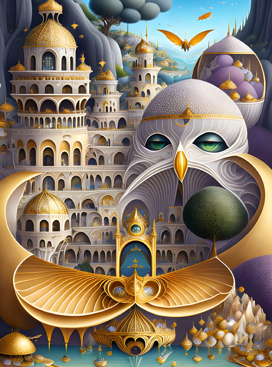 Fantastical illustration of owl and architecture with golden domes