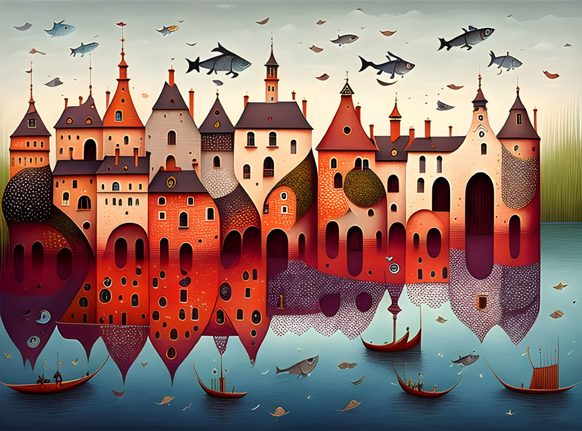 Fantasy cityscape with floating whimsical buildings and flying fish