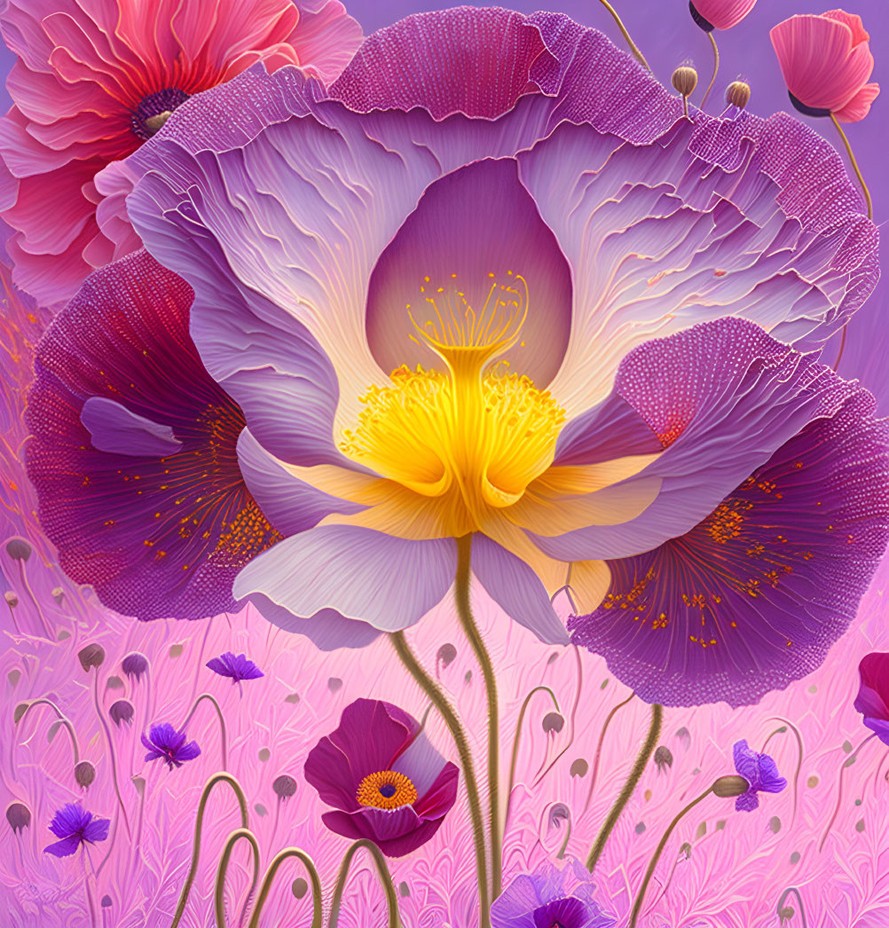 Detailed Digital Artwork: Large Purple Flower with Yellow Stamens on Vibrant Pink and Purple Background