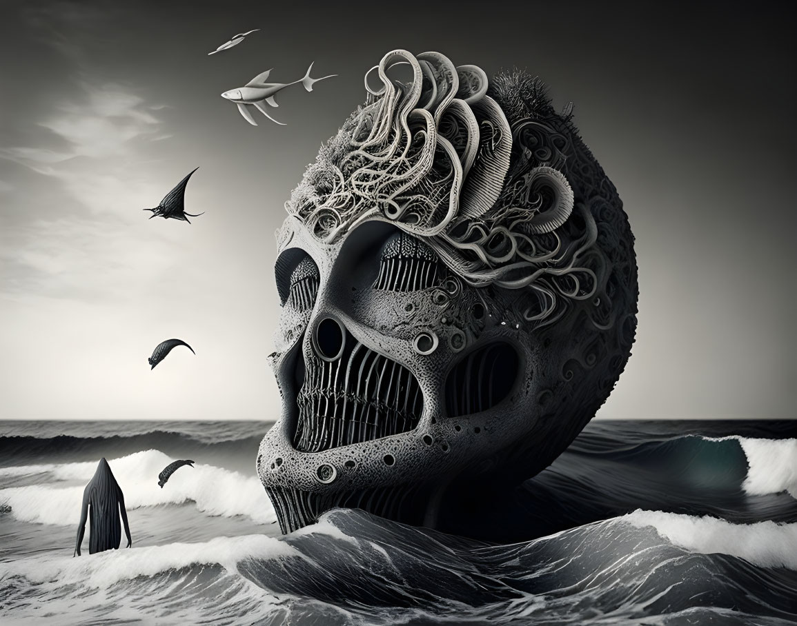 Surreal black and white illustration of skull with wave-like hair in ocean with birds.