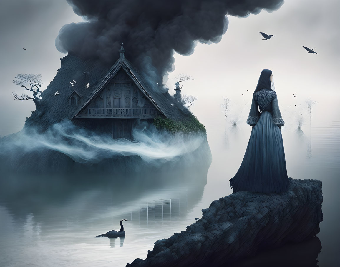 Woman in long dress on cliff gazes at floating house in misty sky