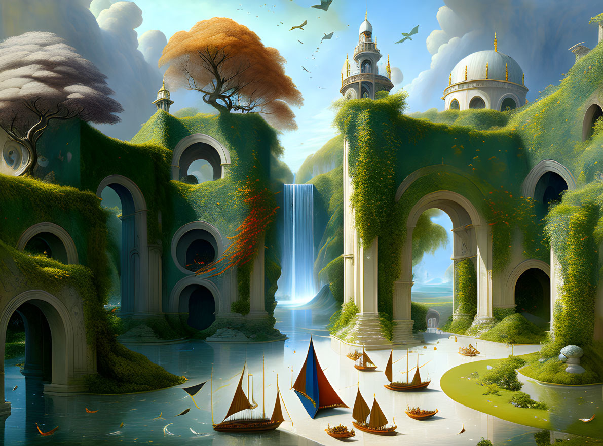 Majestic fantasy landscape with lush greenery, waterfalls, arches, domes, and