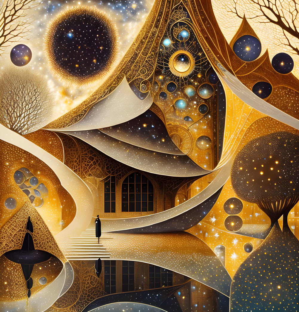 Surreal cosmic artwork with swirling patterns and staircase.