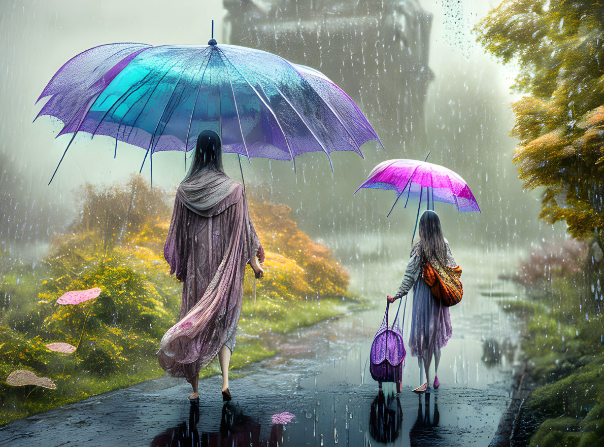 Rainy pathway with two people and umbrellas, lush greenery, clock tower