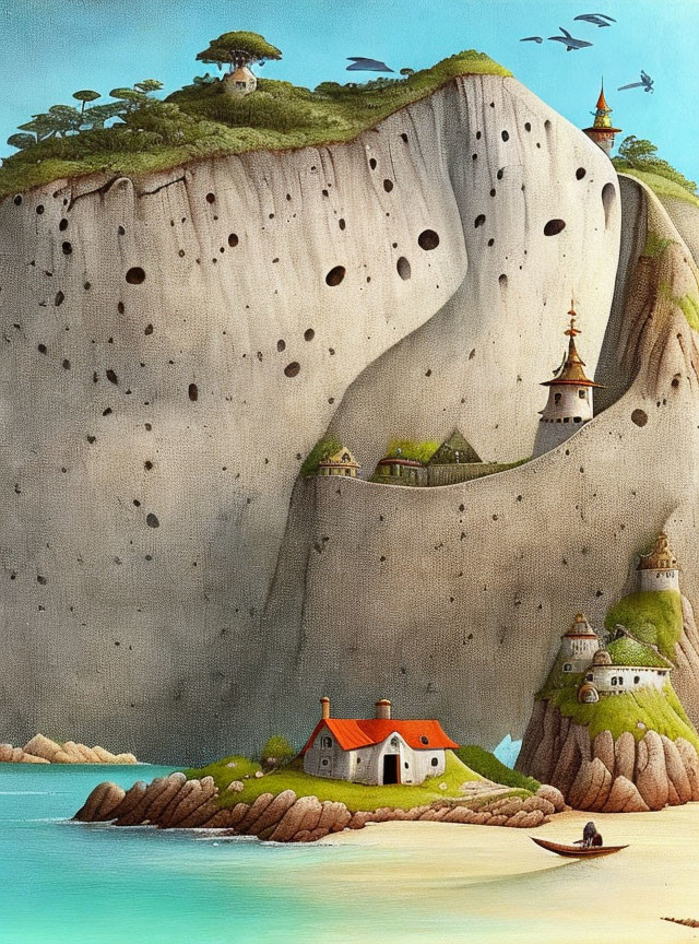 Cliffside landscape with face profile houses and castles
