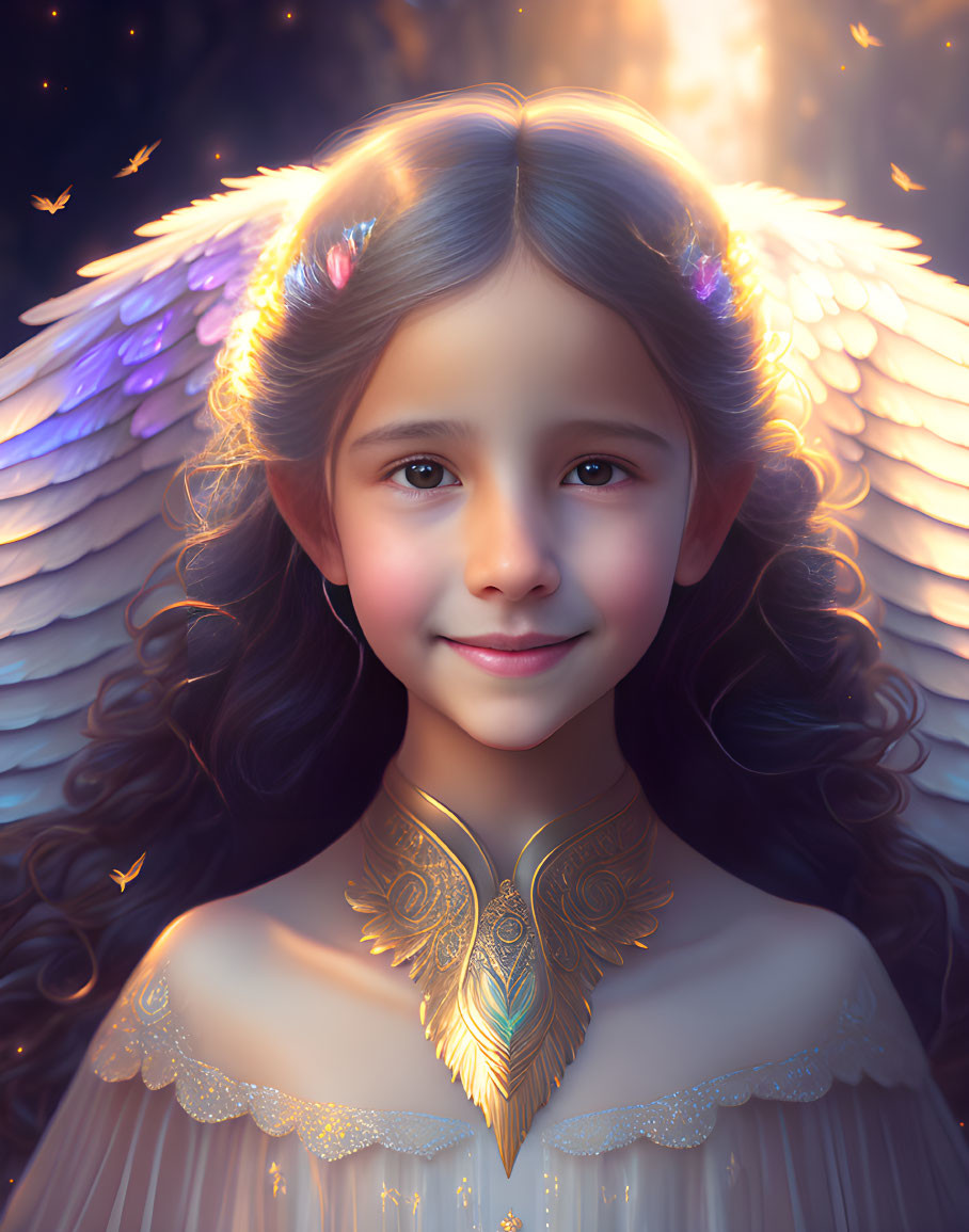 Smiling young girl with angel wings and golden feathered necklace surrounded by butterflies