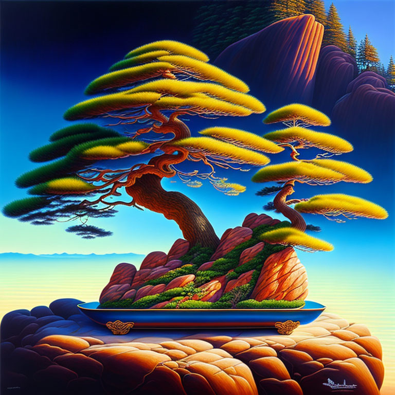 Colorful painting of tree on rocky outcrop by tranquil waters at sunset