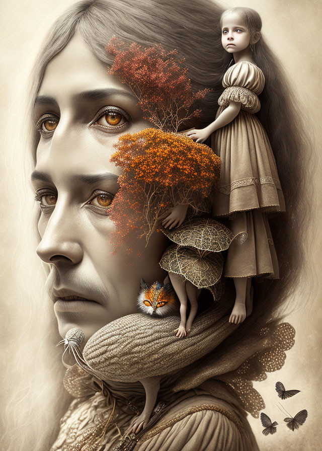 Surreal artwork featuring woman's face with child, trees, fox, and butterflies in earthy