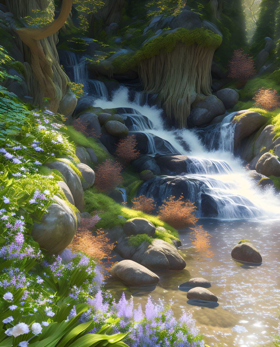 Tranquil forest waterfall among mossy rocks and vibrant wildflowers